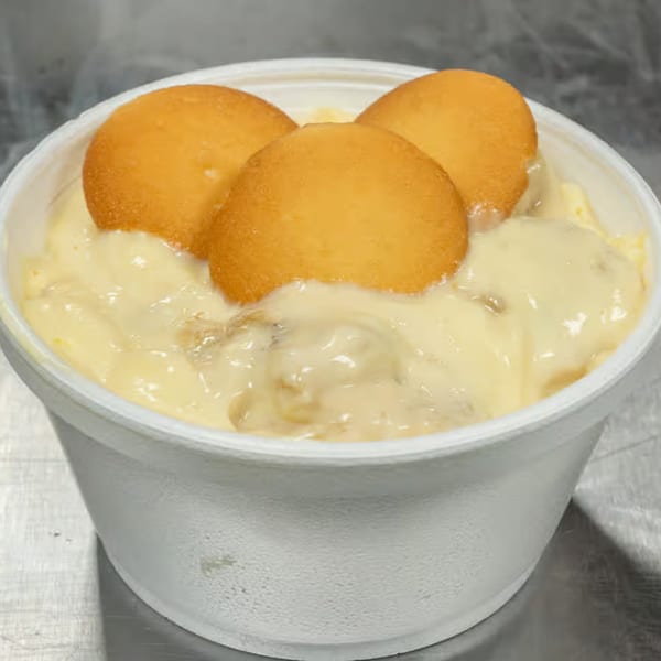 A white bowl filled with creamy banana pudding and three vanilla wafer cookies on top.